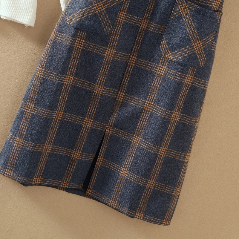 

2019 New fall winter Checked sundress and White Pullover Sweater 2 Piece Set Fashion Midi pattern Dress Knitted Top Suit