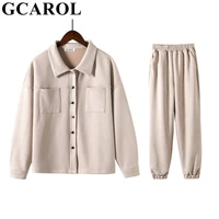 gcarol women velvet tracksuits jacket and elastic waist pants drop shoulder bright color oversized coat harem pants overalls