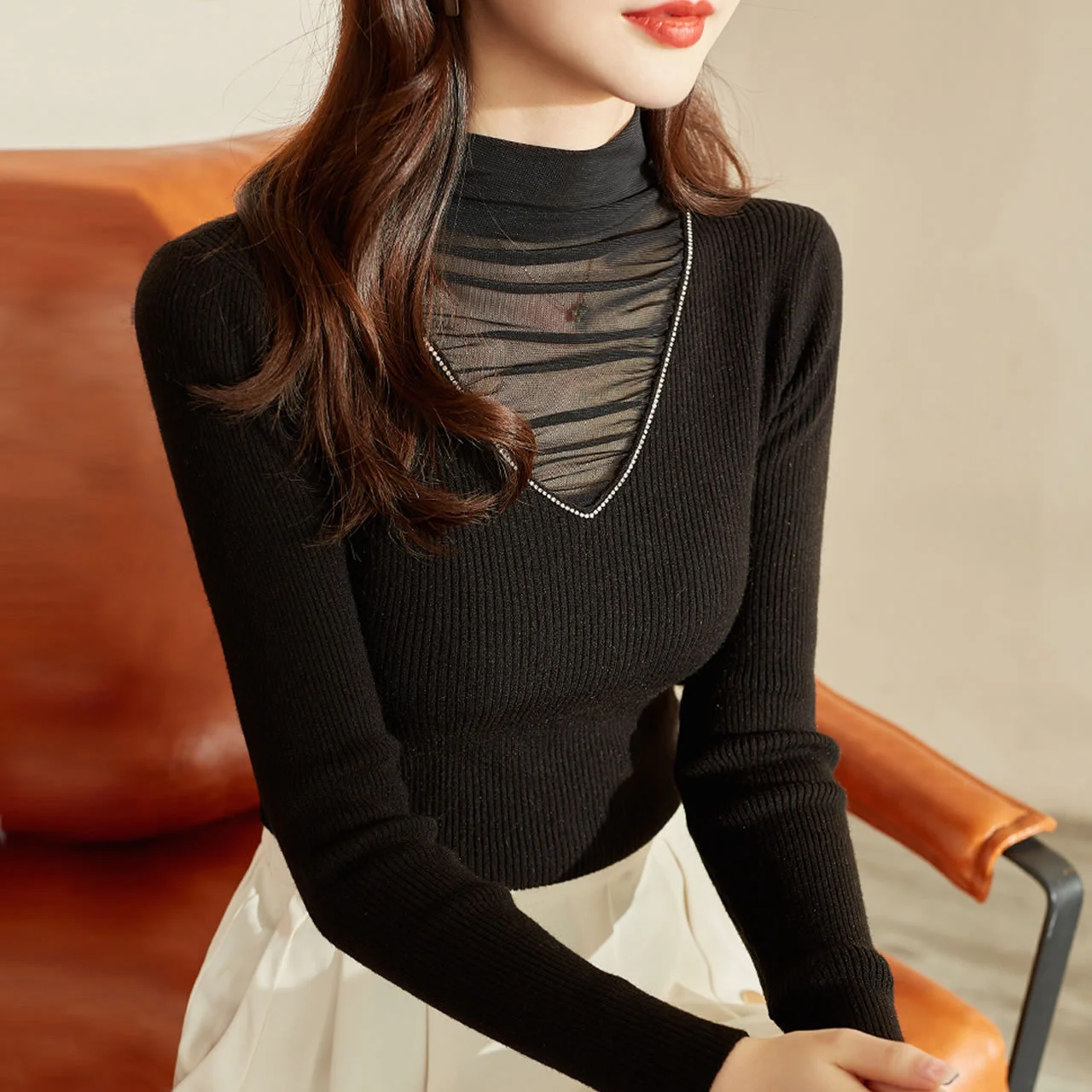 

Трикотажная Женская облегающая сетчатая рубашка с длинным рукавом и высоким воротником