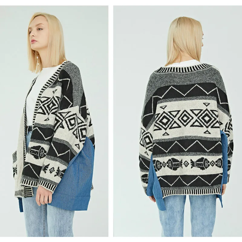 Christmas Print Long Cardigan Korean Irregular Jeans Patchwork Sweater Women Tops Sweaters Autumn Winter Cute Qq008 |