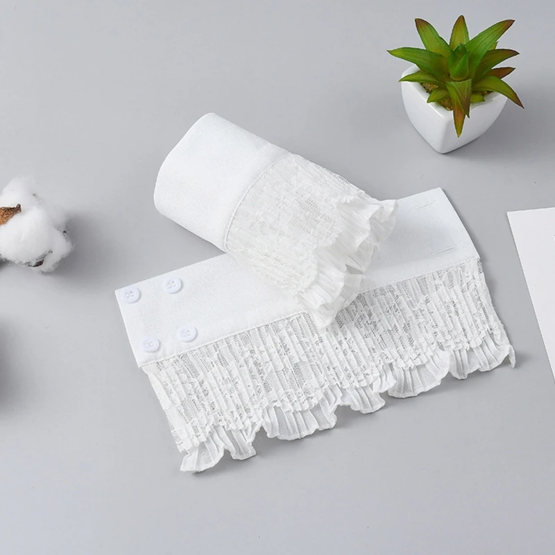 

Women Winter Double Layer Horn Cuffs Bracelet Hollow Out Floral Lace Wrinkled Ruffled Fake Sleeves Detachable Wristband