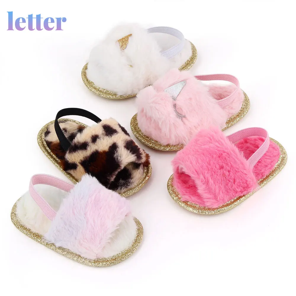 

Fashion Kids Girls Boys Fur Sandals Shoes Tie-Dye Leopard Printed Flat With Soft Shoes 5 Colors infant shoes