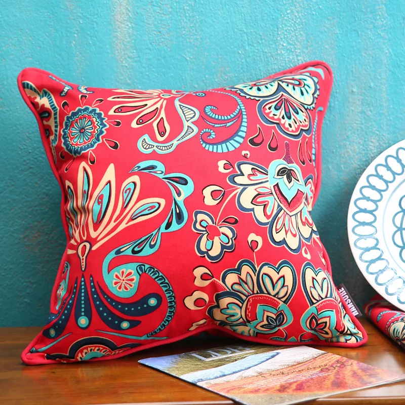 

Original Design Cotton Cushion Cover Bright Red Plant Flowers Printed Pillow Case Cover Sofa Chair Home Decor Without Stuffing