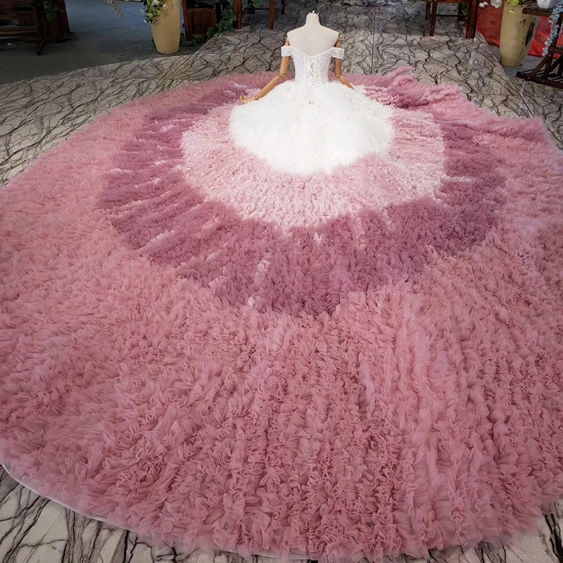 HTL901 plus size evening dress pink off shoulder cake style ruffle long dress party gowns for women vestidos baile finalistas