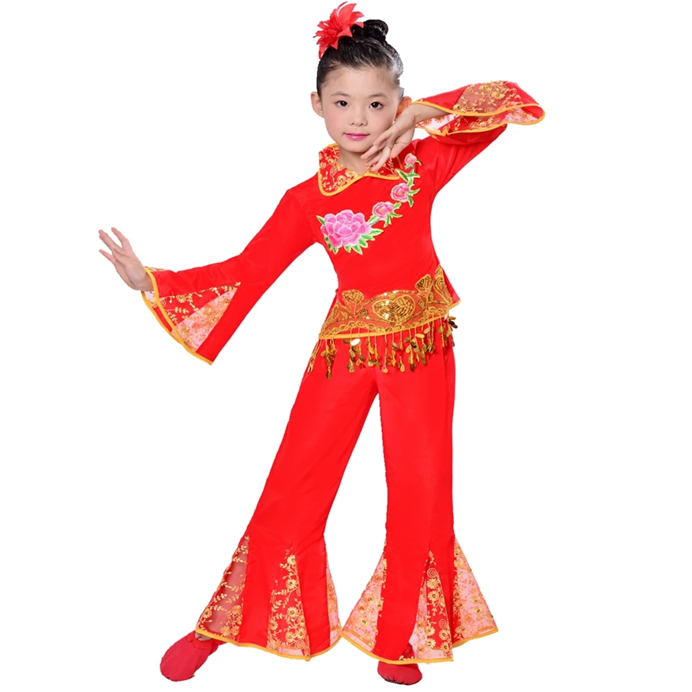 Красные костюмы для девочек китайские народные танцевальные детская
