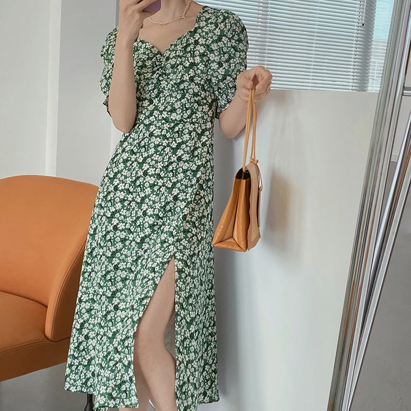 

Elegant Vintage V-neck Puff-sleeve Split Hem Midi Dress Summer 2021 Ladies Blue Chiffon Floral Dress Abiti Estivi Donna Vestidos