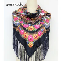 hot sale russian square scarf scarves cotton tassels scarves shawls stoles women floral printed female pashmina hijab bandana