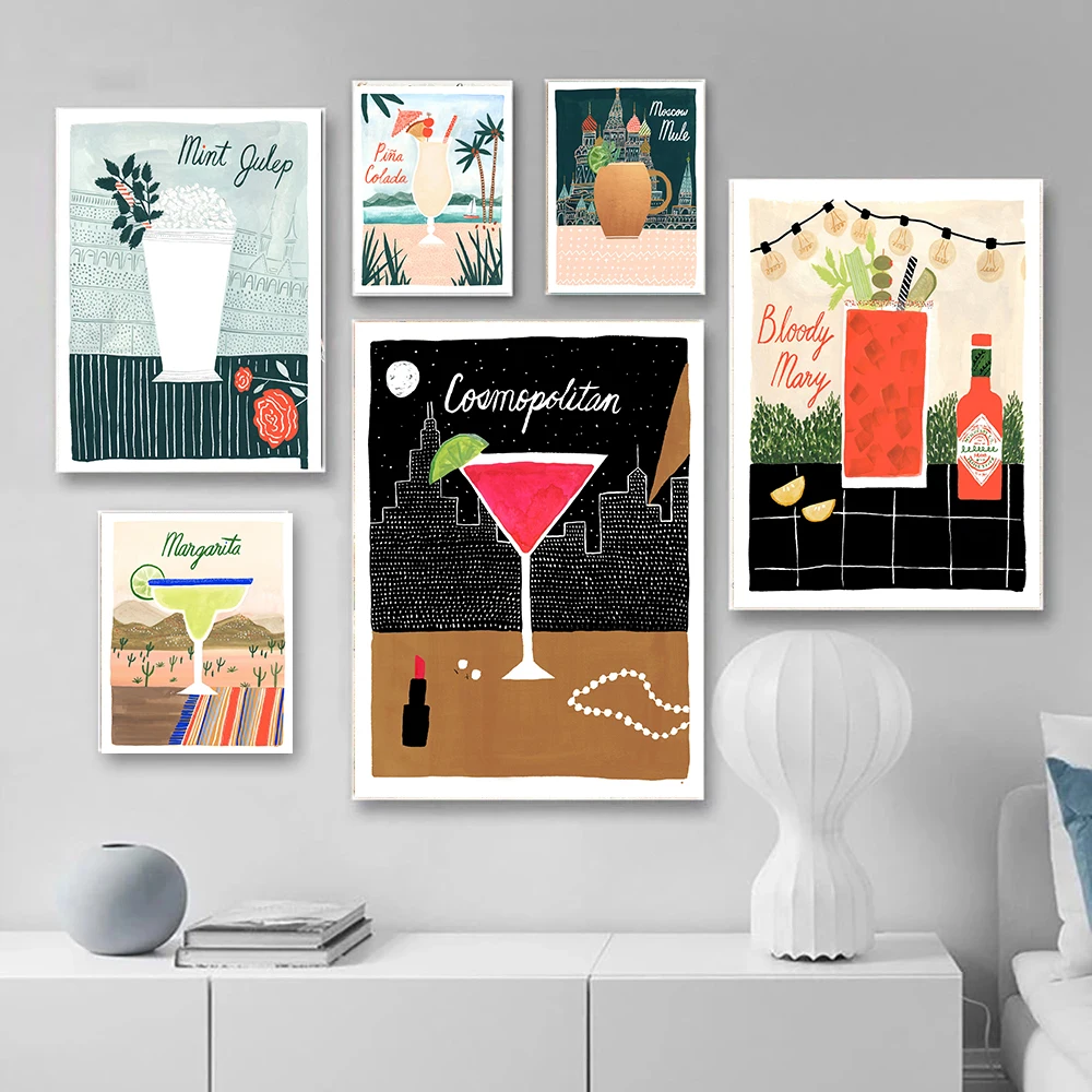 

Kitchen Champagne Cocktail Wall Art Canvas Painting Nordic Posters and Prints Wall Pictures for Living Home Decor Frameless