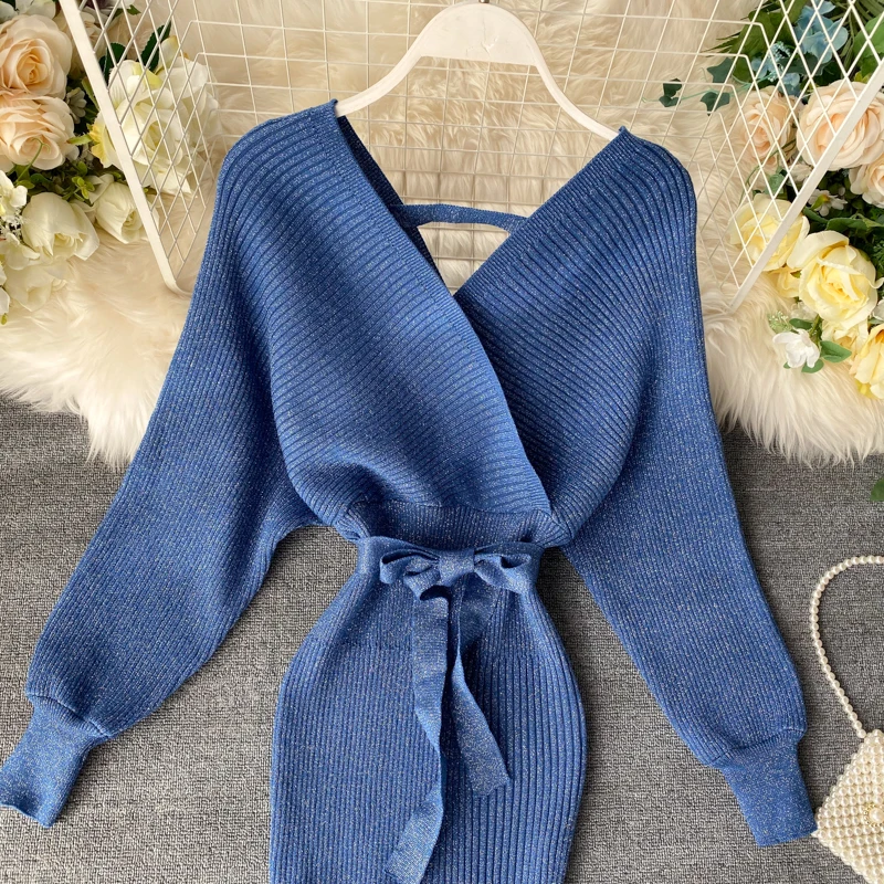 Сверкающие пикантные вечерние платье женский свитер Элегантный тонкий с v