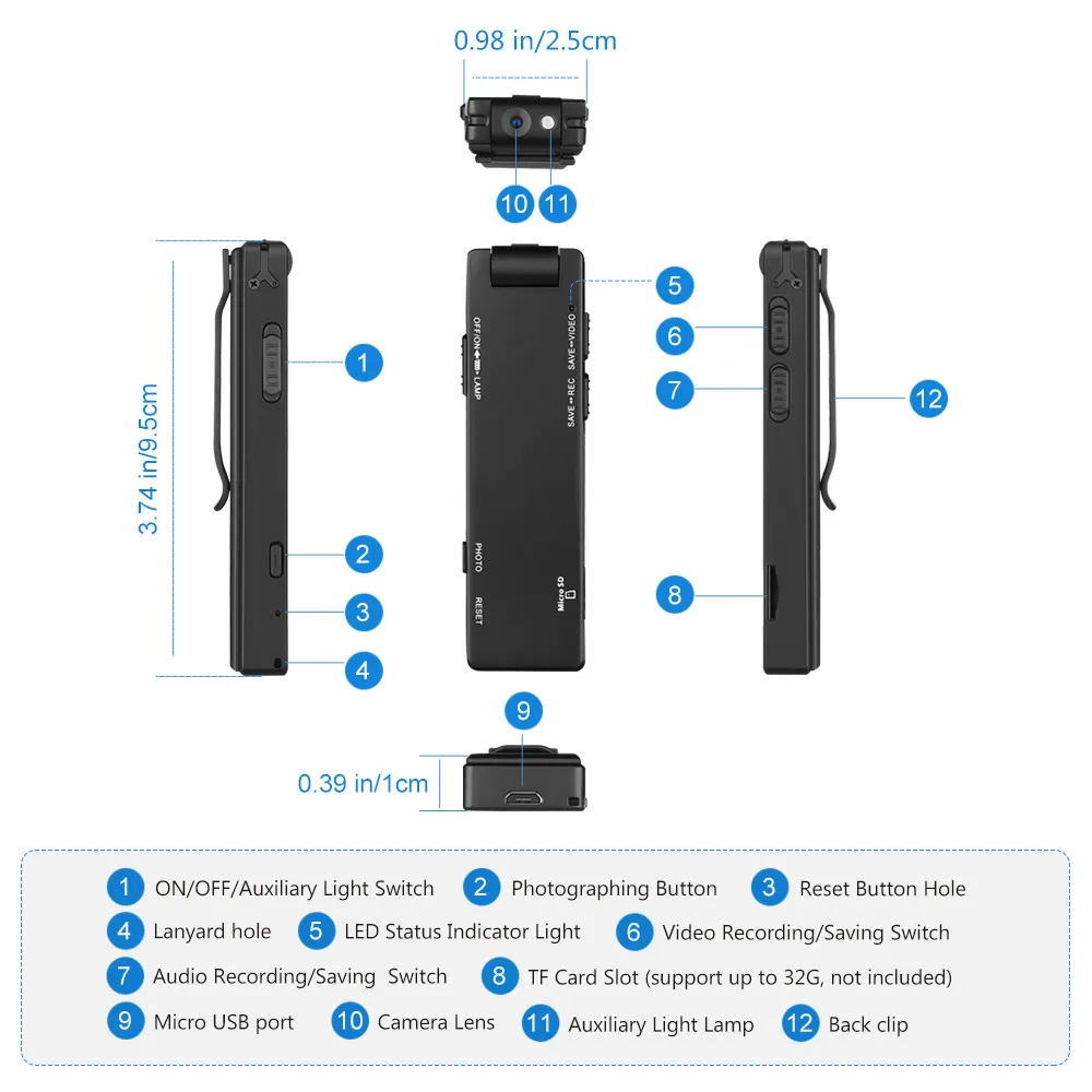 A3 Mini Camcorders Voice Recorder Police Pen Camara Meeting Body Worn Camera 32GB Snapshot Loop Recording Motion Detection Cam