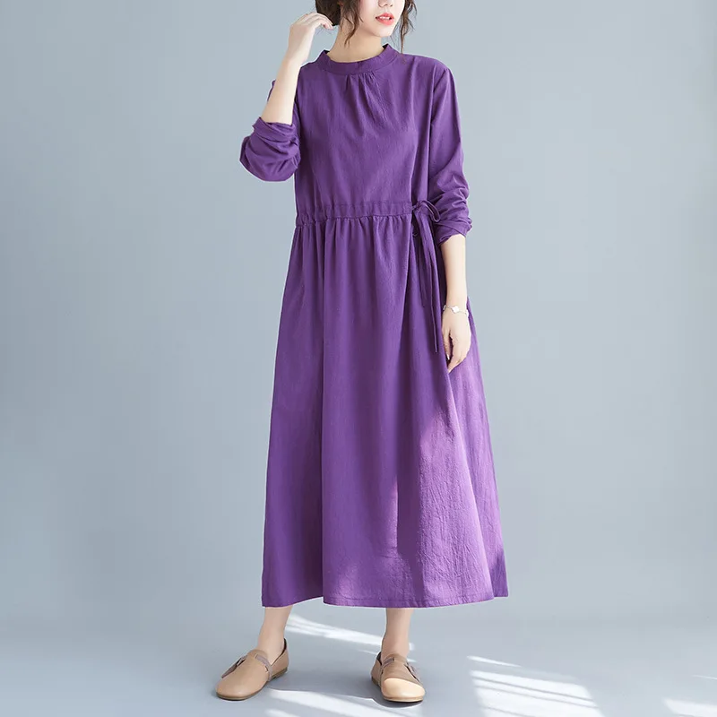 Женское платье с круглым вырезом Johnature однотонное свободное Повседневное в