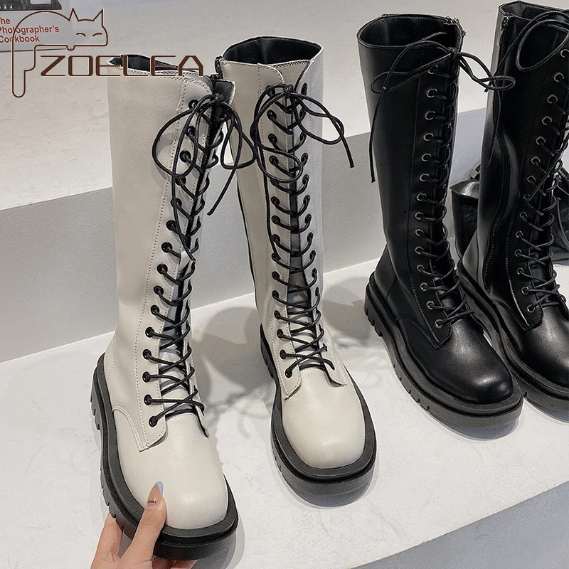 

Chunky Platform Pu Leather Knee High Boots Women Punk Increasing Long Woman Lace Up Booties Mujer 2021 Zip Chelsea