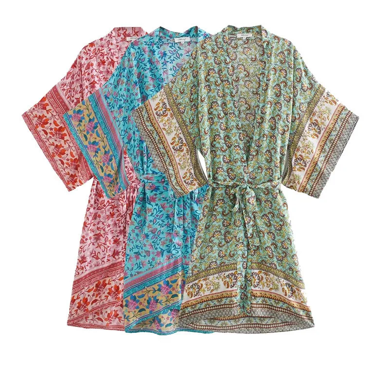 

Summer new style temperament elegant holiday style fashion print deep V-neck kimono dress female high waist lace A-line skirt