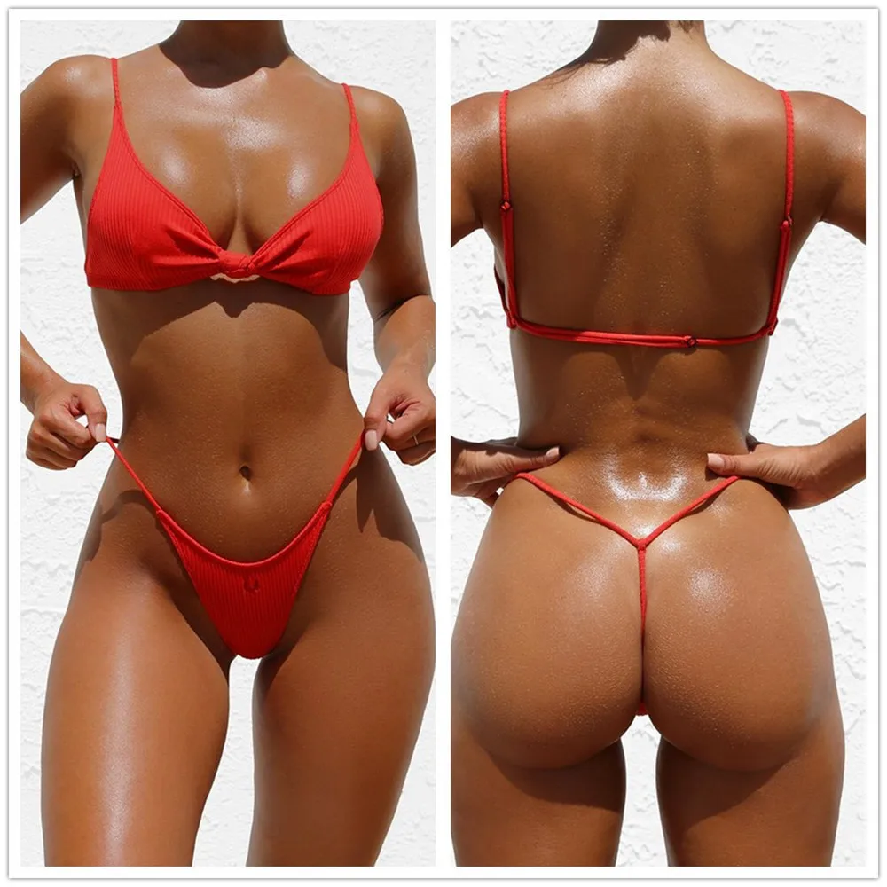 

2021 new sexy solid color knotted bikini thong style ladies split swimsuit 2 piece set