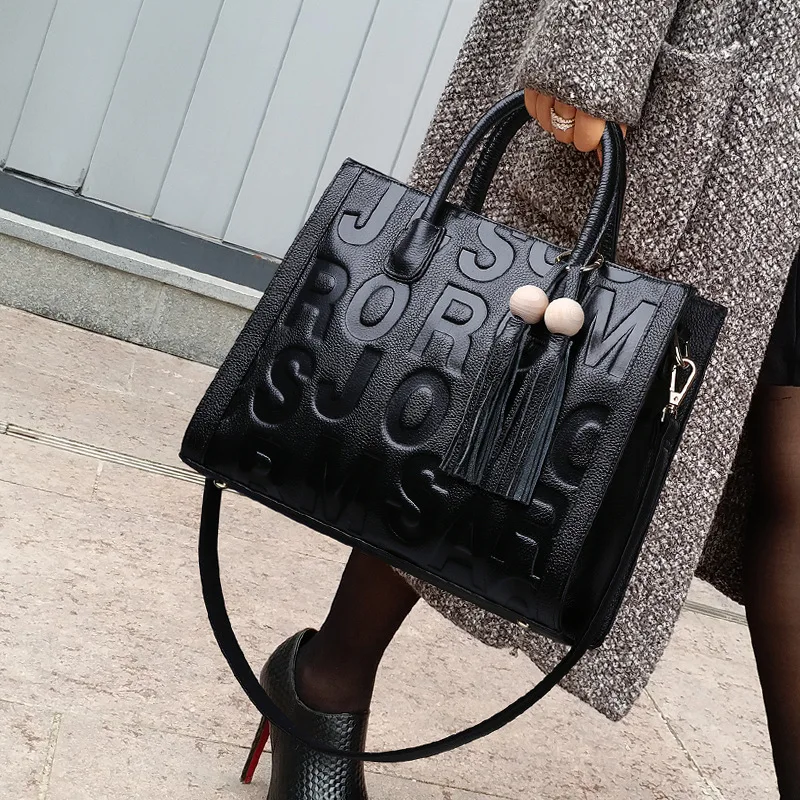 

Embossed Letters Tassel Women Handbag High Capacity Shoulder Crossbody Bags for women Casual Solid tote bag Big Size Women's bag