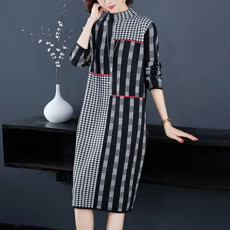 Женское вязаное платье свитер с круглым вырезом длинным рукавом|Женские платья| |