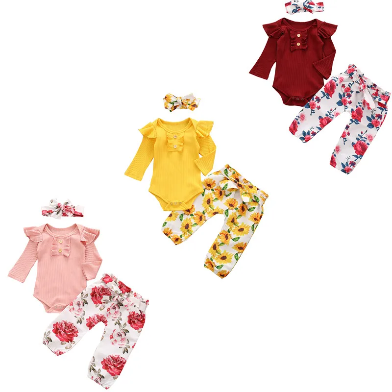 Conjunto de 3 piezas para ni&ntilde;as reci&eacute;n nacidas, Pelele de manga larga, pantalones con estampado Floral y Diadema, 0 a 24 meses, Primavera, 2021-0