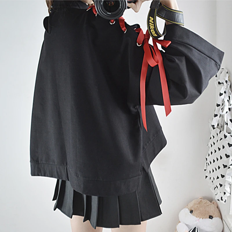 

Dark style strappy short sweatshirt season new high neck Japanese anime pullover Harajuku Oversize loose gothic women sweatshirt