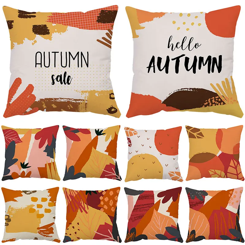 

New Arrival Autumn Plush Square Cushion Cover Home Decor Geometric Leaf Printed Covers Decorative Sofa Pillows Funda de Cojines