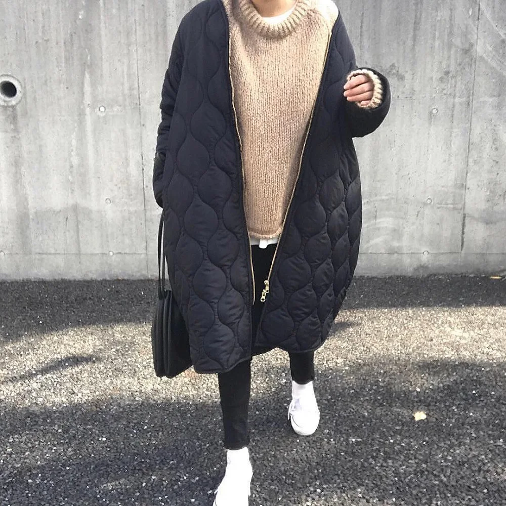 Korean Style Green Long Coat Padded Slim Fit Round Neck Women Oversized Autumn Winter Parka Fashion Outwear Ladies Casual Jacket