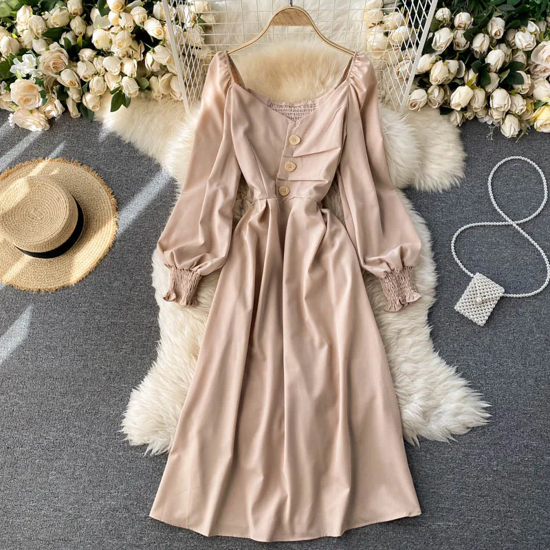 

Vintage Brown/Khaki Dress Women Autumn 2021 New Casual V-Neck Irregular Single Breasted A-Line Vestidos Female Fashion