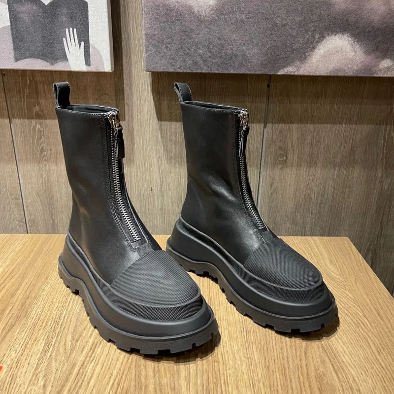 

Style British Martin s Women's Shoes Thick-soled Platform Winter Warm Cowhide Front Zipper Short Booties Bota