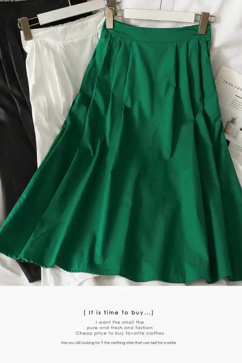

2021 summer pleated high waist slim loose skirt women's new solid color versatile medium length A-line skirt fashion