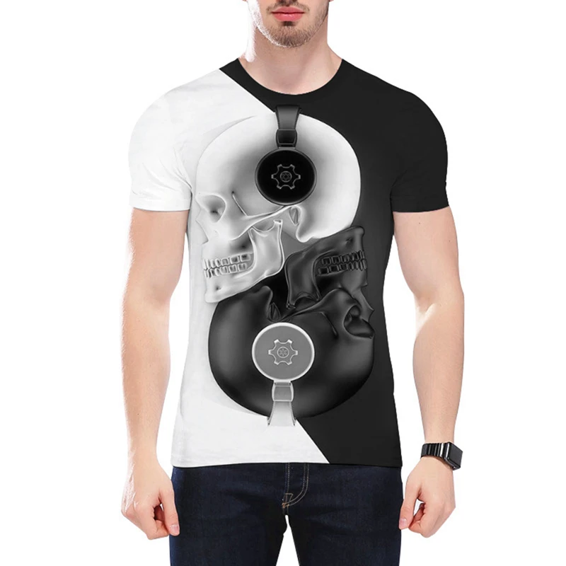 

Lyprerazy Music DJ Black and White T shirt for men 3D skull funny hip print Hip Pop neutral harajuku casual pocket new T-Shirt