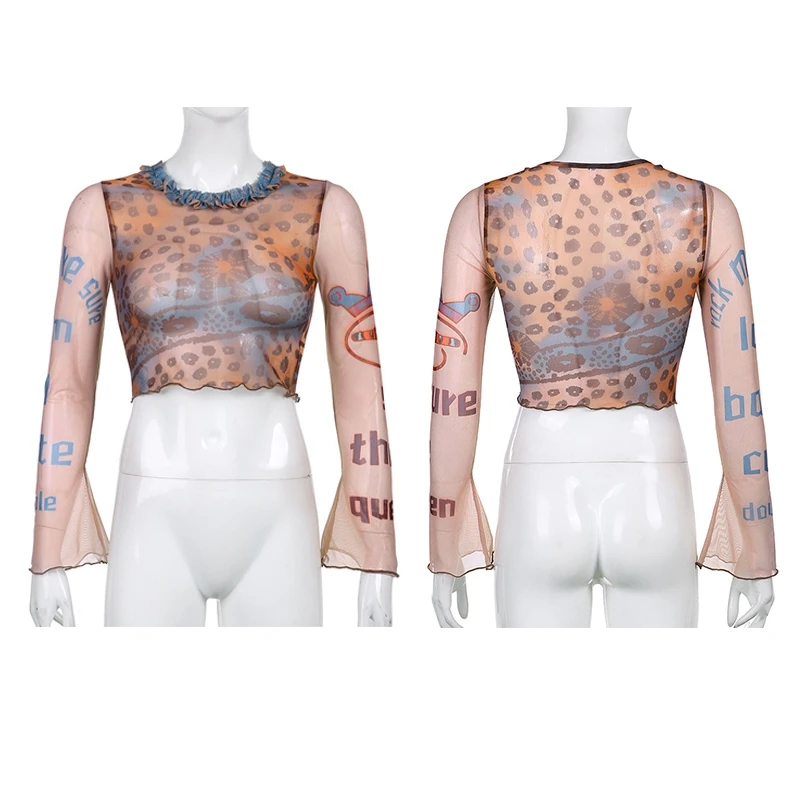 

Aesthetics Retro Mesh T-Shirts 90S Fashion Slim O-Neck Flare Sleeve Cropped Y2K Tops E-Girl Vintage Tees