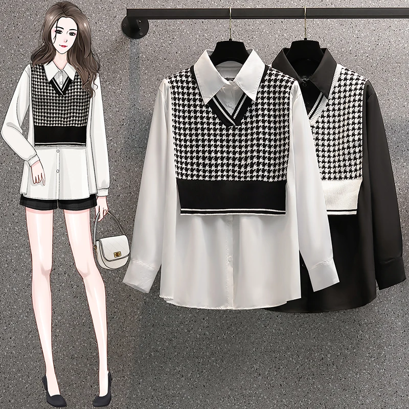 

Женская Вязаная рубашка ALPHALMODA, Лоскутная рубашка с рисунком «гусиные лапки», комплект из 2 предметов, повседневный осенний наряд, черный, бе...