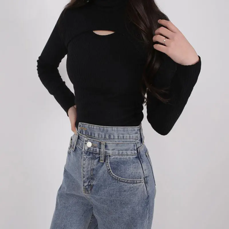 

Ribbed Knit Turtleneck Top Women's Sweater Hollow Casual Long-sleeved Tight-fitting Pullover Autumn And Winter Slim Warm Sweater