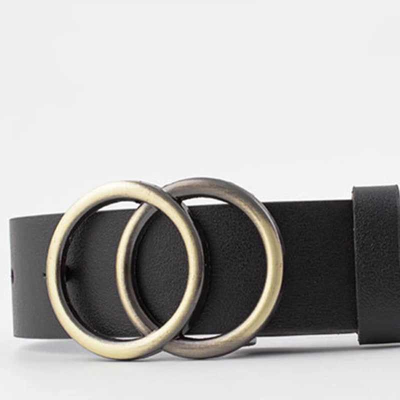 

Fashion Dress Women Leather Belt Double Ring Circle Button Belt Leisure Jeans Simple Solid Color Girls Adjustable Waist Strap