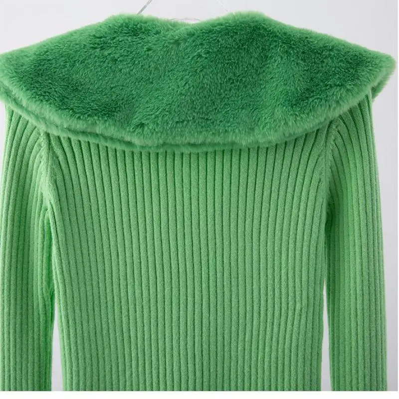 Women Vintage Casual Sweater Fur Patchwork Sweater Women Green White Yellow Knit Cardigans Sweater Women 2020 Fashion Clothes