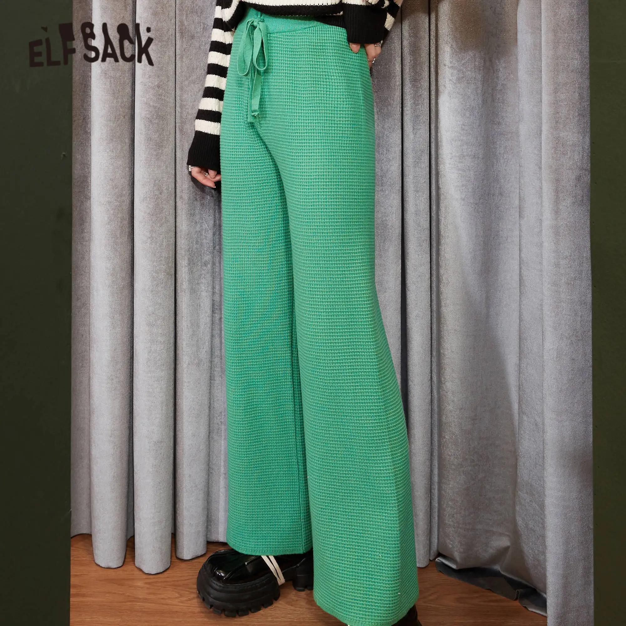 ELFSACK Solid Pure High Waist Straight Casual Women Knitted Pants,2021 Winter Vintage,Korean Ladies Basic Daily Wide Leg Trouser