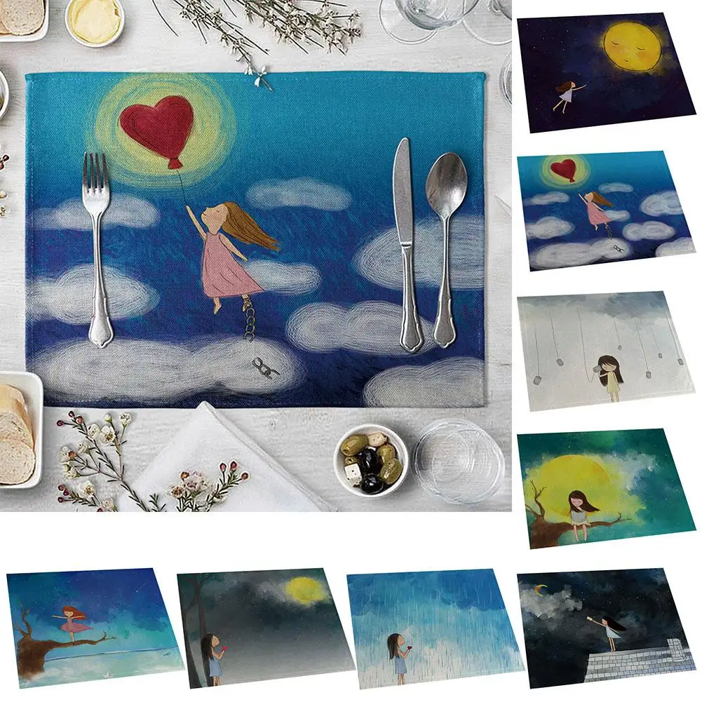 

42x32cm Cute Moon Girl Print Heat Insulation Placemat Waterproof Table Cup Pad