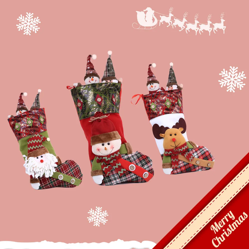 Большой Рождественский чулок носки Санта-Клауса клетчатая Мешковина подарочная