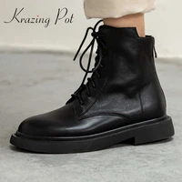 krazing pot vintage boots genuine leather round toe med heel online star high street fashion lace up convenient ankle boots l27