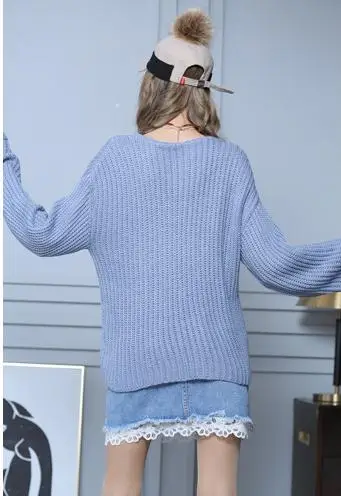 

2020 Girls Flare Sleeve Loose Sweater V Neck Knitted Twist Pullover Fashion Winter Clothes