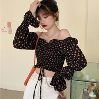women chiffon shirt fashion sexy square collar long sleeves blouse trendy sweet pleated floral print crop tops