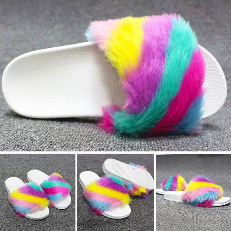 Женские разноцветные меховые пушистые тапочки Женская милая плюшевая повязка