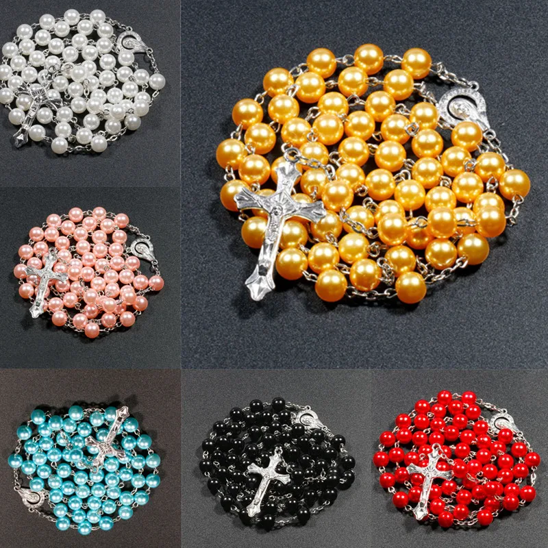 

8mm Retro Jesus Cross Rosary Long Imitation Pearl Necklaces 7 Colors Beaded Stylish Christian Unisex Mala Praying Jewelry