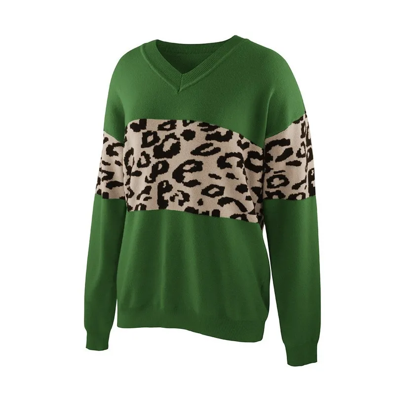 

Autumn Winter Leopard Patchwork Sweater Women V-neck Full Sleeve Khaki Brown Jumper Ladies Knitted Pullovers Top