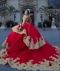 Женское многослойное платье принцессы, красное и Золотое кружевное бальное платье с аппликацией, открытыми плечами и кристаллами, для выпускного вечера, 15 лет, 2021