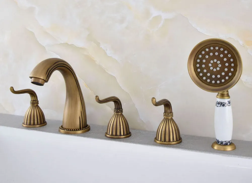 

Antique Brass Widespread Three Levers Handles Deck Mounted 5 Holes Bathroom Tub Faucet Mixer Tap With Handshower mtf243