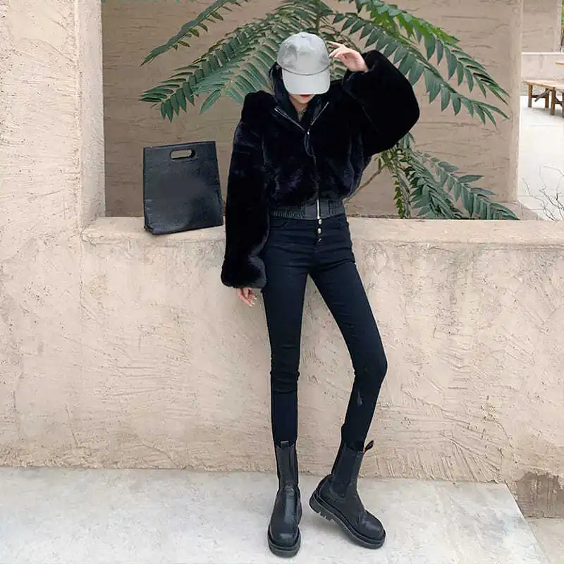 2021 Winter Women Faux Fur Coat Hooded Jacket Warm Short Artificial Parka Casual Solid Loose Long Sleeve Furry Cropped Jacket