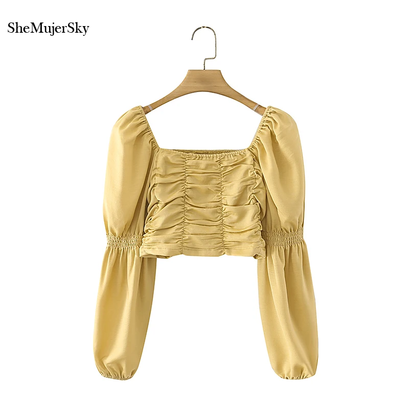 

SheMujerSky Women Puff Sleeve Yellow Blouses 2022 Square Collar Folds Cropped Tops Elastic Shirts