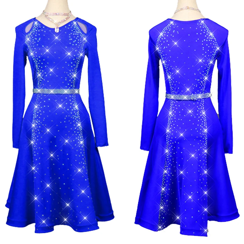 

Latin Dancing Competition Dress Blue Crystal Belt Long Sleeves Tango Wear Female Ballroom Dress Standard Dancing Costume 3660