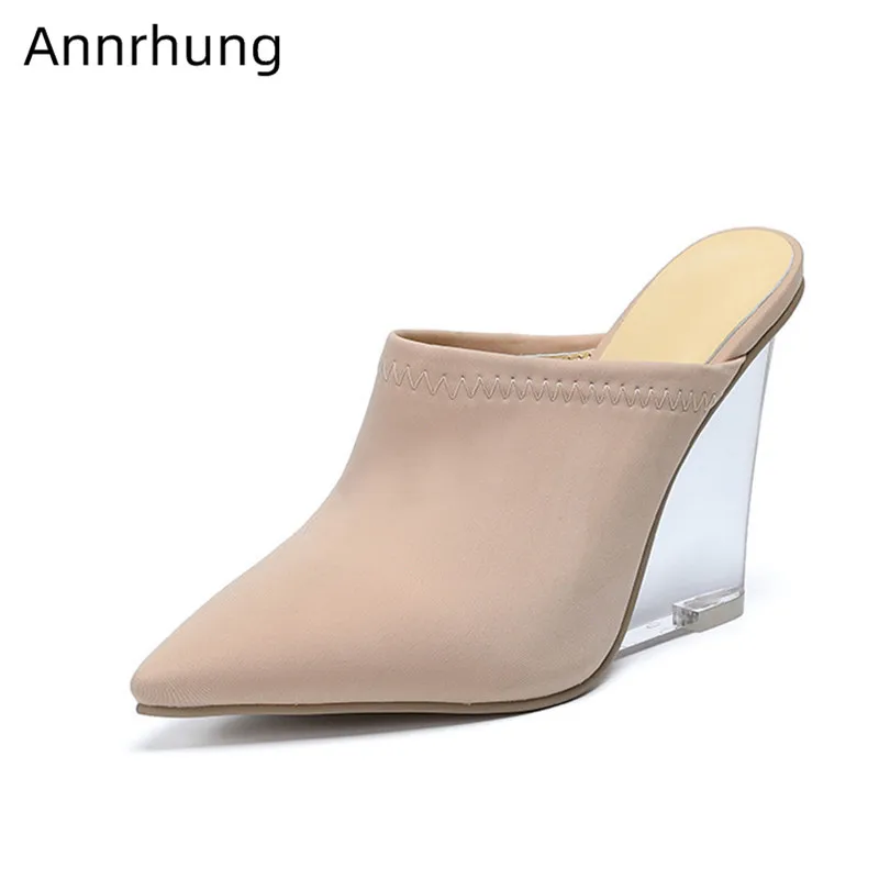 

Cozy Stretch Fabric Slippers New Chic Clear Wedges High Heels Women Sexy Pointed Toe Slingbacks Mules Fashion Outwear Slippers