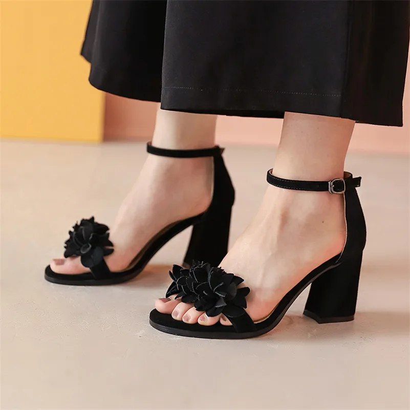 

ANNYMOLI Ankle Strap Women Sandals Flower Kid Suede High Heel Shoes Buckle Strap Block Heels Ladies Sandals Summer Red Size 40