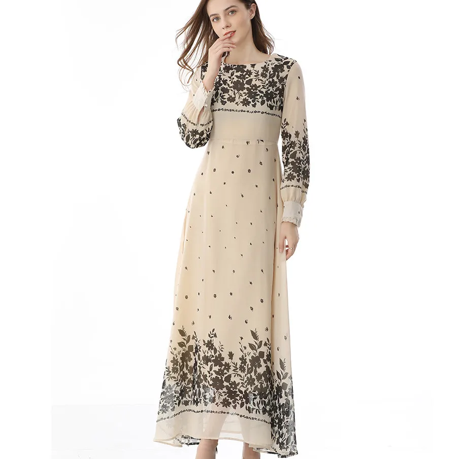 

Women's Muslim Dress Fashion Flower Print Swing Dress Temperament Slim Muslim Sundress Long Vestidos Female Musilim Clothes